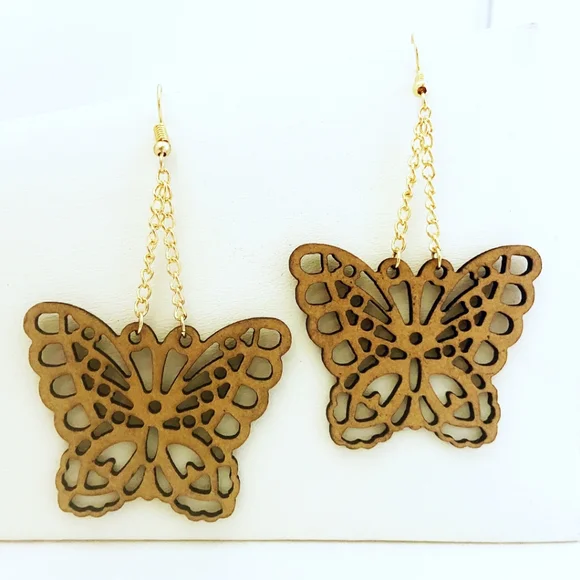 Earrings Butterfly Wood Boho Filigree Brown Gold Tone Spring Summer Gorpcore - Picture 1 of 4